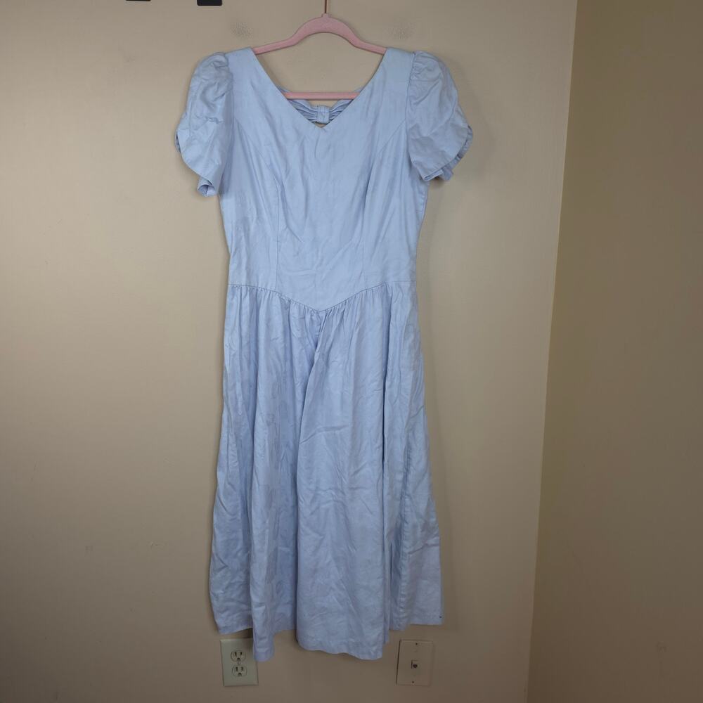 Vintage Lanz Puff Sleeve Dirndl Fit and Flare Midi Dress with Bow Blue Size 10